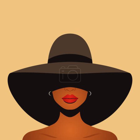 Téléchargez les illustrations : Contexte vectoriel. Belle jeune femme noire afro-américaine aux cheveux noirs, visage fermé avec grand chapeau, larges marges couvrant son visage, style plat. Solidarité Peuple, Droits des Femmes Concept. - en licence libre de droit