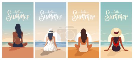 Téléchargez les illustrations : Bonjour Summer. Vector Story Template Designs with Young Woman in a Hat Sitting at Sunset on the Beach, Enjoying the Resort, Relaxing on Seaside Sand Beach in Summer Season, Back View. Vue panoramique sur l'océan - en licence libre de droit
