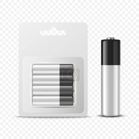 Illustration for Vector 3d Realistic Four Alkaline Black and White Battery in Paper Blister and Battery Icon Closeup Set Isolated. AA Size, Horizontal Position. Design Template for Branding, Mockup. - Royalty Free Image