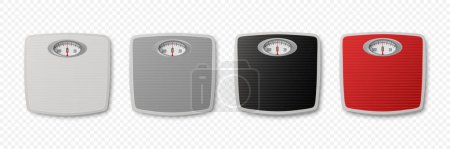 Illustration for Vector 3d Realistic Bathroom Scales. Bathroom Body Weight Scales Icon Set Closeup Isolated in Front, Top View. Classic Retro Bathroom Floor Scale Design Template. - Royalty Free Image