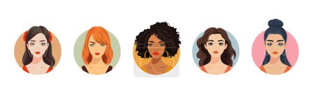 Vector Mujer Avatar Set. Hermosa colección de retratos de chicas jóvenes, diferente peinado. Tipos de rostro femenino, diferentes nacionalidades Retratos. Cartoon Multiethnic Society in Flat Style (en inglés). Vista frontal.