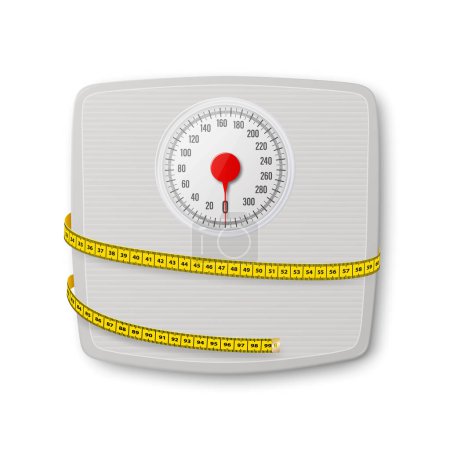 Illustration for Vector 3d Realistic Bathroom Scales with Measuring Yellow Tape. Bathroom Body Weight Scales Closeup Isolate. Classic Retro Bathroom Floor Scale Design Template. The concept of Slimming, Weight Loss. - Royalty Free Image