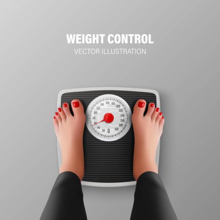 Illustration for Vector 3d Realistic Bathroom Scales and Female Feet in Top View. Weight Control Concept Banner with Bathroom Body Weight Scales, Classic Retro Bathroom Floor Scale. - Royalty Free Image