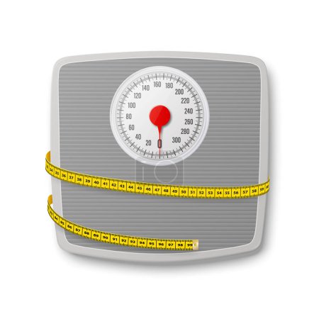Illustration for Vector 3d Realistic Bathroom Scales with Measuring Yellow Tape. Bathroom Body Weight Scales Closeup Isolated. Classic Retro Bathroom Floor Scale Design Template. The concept of Slimming, Weight Loss. - Royalty Free Image