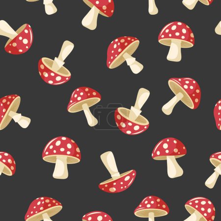 Illustration for Vector Seamless Pattern with Hand Drawn Cartoon Flat Mushrooms on Black Background. Amanita Muscaria, Fly Agaric Illustration, Mushrooms Collection. Magic Mushroom Symbol, Design Template. - Royalty Free Image