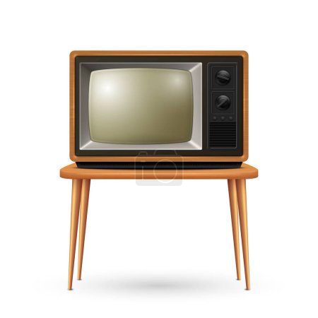 Récepteur TV Rétro Réaliste Vecteur 3d isolé sur fond blanc. Accueil Design d'intérieur Concept. télévision, télévision à écran plat, vue sur la mer.