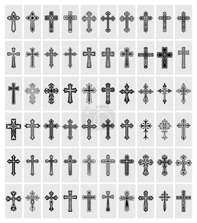 Ilustración de Iconos cristianos cruzados. Cruz cristiana negra de la línea vectorial fijada sobre fondo blanco - Imagen libre de derechos