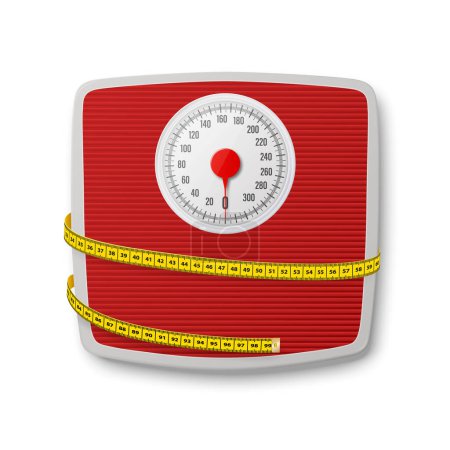 Illustration for Vector 3d Realistic Bathroom Scales with Measuring Yellow Tape. Bathroom Body Weight Scales Closeup Isolated. Classic Retro Bathroom Floor Scale Design Template. The concept of Slimming, Weight Loss. - Royalty Free Image