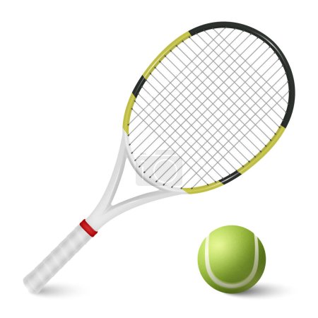 Vector 3d realista pelota de tenis y raqueta conjunto primer plano aislado sobre fondo blanco. Plantillas de diseño, Tenis Equipamiento deportivo .