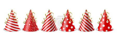 Vector 3d Realistic Red and White Birthday Party Hat Icon Set Isolated on White Background. Party Cap Design Template for Party Banner, Greeting Card. Holiday Hats, Cone Shape, Front View.