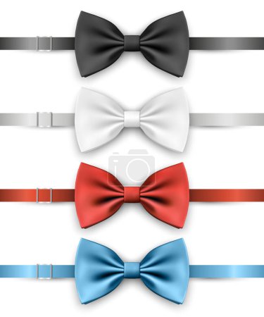 Illustration for Vector 3d Realistic Blue, Black, Red, White Bow Tie Icon Set Closeup Isolated. Silk Glossy Bowtie, Tie Gentleman. Mockup, Design Template. Bow tie for Man. Mens Fashion, Fathers Day Holiday. - Royalty Free Image