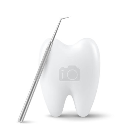 Vector 3d Realistic Tooth and Dental Probe for Teeth Closeup Isolated on White Background. Medical Dentist Tool. Design Template, Clipart, Mockup. Dentistry, Healthcare, Hygiene Concept.