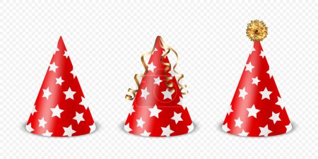 Vector 3d Realistic Red and White Birthday Party Hat Icon Set Isolated on White Background. Party Cap Design Template for Party Banner, Greeting Card. Holiday Hats, Cone Shape, Front View.