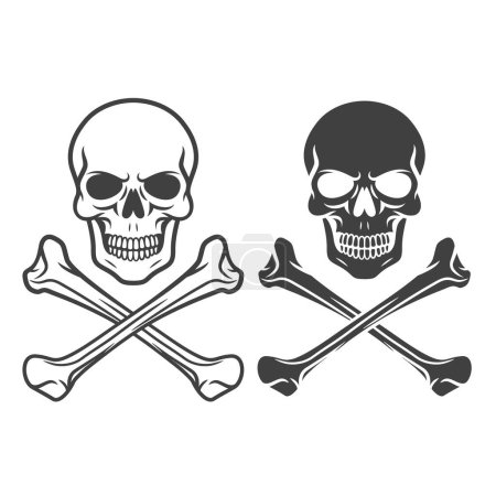 Illustration for Vector Black and White Skull and Crossbones Icon Set Isolated. Skulls Collection with Outline, Cut Out Style in Front View. Hand Drawn Skull Head Design Template. - Royalty Free Image