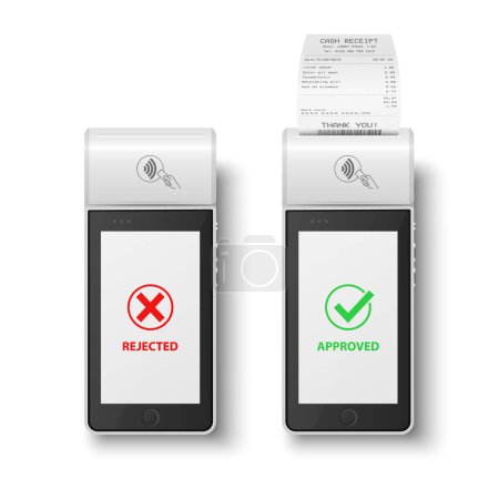 Téléchargez les illustrations : Vecteur 3d Blanc NFC Machine de paiement avec statut rejeté et approuvé, reçu de caisse papier, facture. Terminal POS de paiement, Modèle de conception de machine de paiement bancaire Terminal sans contact, Mockup. Vue du dessus. - en licence libre de droit