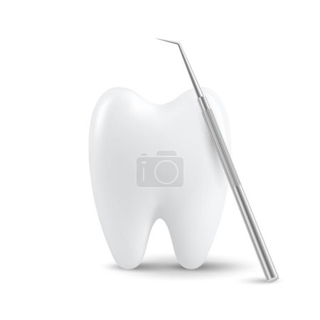 Ilustración de Vector 3d diente realista y sonda dental para los dientes primer plano aislado sobre fondo blanco. Medical Dentist Tool. Plantilla de diseño, Clipart, burla. Odontología, Salud, Concepto de Higiene. - Imagen libre de derechos