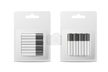 Illustration for Vector 3d Realistic Four Alkaline Battery in Paper Bliste Icon Set Closeup Isolated. AA Size, Horizontal and Vertical Position. Design Template for Branding, Mockup. - Royalty Free Image