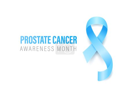 Banner de cáncer de próstata, tarjeta, placa con cinta azul realista vectorial 3d sobre fondo blanco. Prostatea Cancer Awareness Month Symbol Closeup, septiembre. Concepto Día Mundial del Cáncer de Próstata.