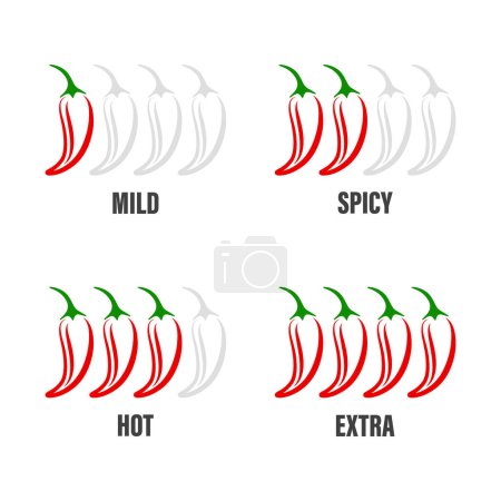 Téléchargez les illustrations : Vector Spicy Chili Pepper Levels. Indicateur d'échelle de force de poivre de Jalapeno rouge avec des positions douces, épicées, chaudes et supplémentaires. - en licence libre de droit