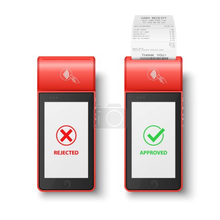 Téléchargez les illustrations : Vecteur 3d Red NFC Payment Machine avec statut rejeté et approuvé, reçu de caisse papier, facture. Terminal POS de paiement, Modèle de conception de machine de paiement bancaire Terminal sans contact, Mockup. Vue du dessus. - en licence libre de droit
