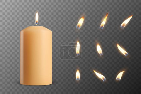 Vector 3d Realistic Paraffin Wax Burning Party, Spa Candle and Burning Flame Set Closeup Isolated. Candle, Candle Flame Design Template, Front View.