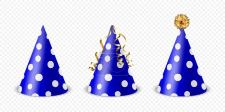 Vecteur 3d réaliste bleu et blanc anniversaire Chapeau Icône Set isolé sur fond blanc. Modèle de conception de casquette de fête pour bannière de fête, carte de voeux. Chapeaux De Vacances, Forme Cône, Vue frontale.