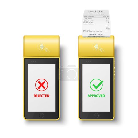 Téléchargez les illustrations : Machine de paiement NFC jaune vectorielle 3d avec statut rejeté et approuvé, reçu de caisse papier, facture. Terminal POS de paiement, Modèle de conception de machine de paiement bancaire Terminal sans contact, Mockup. Vue du dessus. - en licence libre de droit