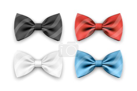 Illustration for Vector 3d Realistic Black, White, Red, Blue Bow Tie Set Isolated on White Background. Silk Glossy Bowtie, Tie Gentleman. Mockup, Design Template. Bow Tie for Man. Mens Fashion, Fathers Day Holiday. - Royalty Free Image
