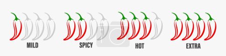 Téléchargez les illustrations : Vector Spicy Chili Pepper Levels. Indicateur d'échelle de force de poivre de Jalapeno rouge avec des positions douces, épicées, chaudes et supplémentaires. - en licence libre de droit
