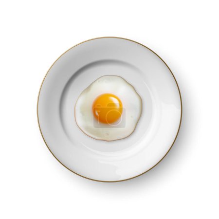 Ilustración de Huevo frito realista del vector 3d en un primer plano de la placa del plato aislado en vista superior. Plantilla de diseño de huevos revueltos, huevo frito u tortilla, concepto de desayuno. - Imagen libre de derechos