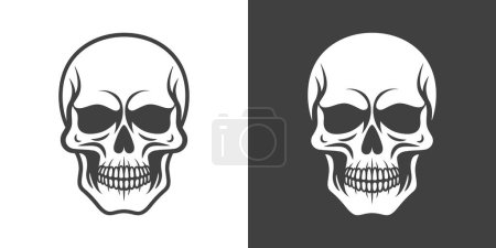 Vector Black and White Skull con Set isolé. Collection de crânes avec contour, style découpé en vue de face. Modèle de conception de tête de crâne dessiné à la main.