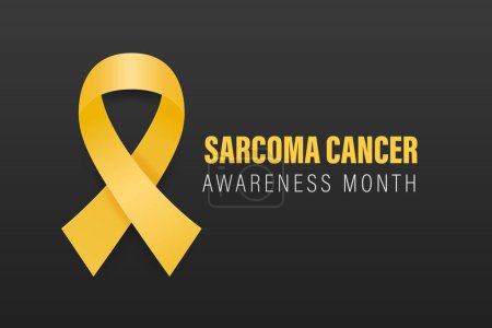 Sarkom, Knochenkrebs Banner, Karte, Plakat mit Vektor 3D Realistisches gelbes Band auf schwarzem Hintergrund. Sarcoma Cancer Awareness Month Symbol Closeup, Juli. Konzept zum Weltknochenkrebstag.