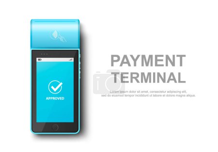 Téléchargez les illustrations : Machine de paiement NFC bleue vectorielle 3d avec statut approuvé. Terminal POS de paiement, Modèle de conception de machine de paiement bancaire Terminal sans contact, Mockup. Vue du dessus. - en licence libre de droit