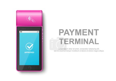 Téléchargez les illustrations : Machine de paiement NFC rose vectorielle 3d avec statut approuvé. Terminal POS de paiement, Modèle de conception de machine de paiement bancaire Terminal sans contact, Mockup. Vue du dessus. - en licence libre de droit