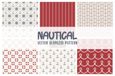 Illustration for Flat Vector Nautical Seamless Pattern Set. Marine Seamless Patterns, Sea Print. Marine Equipment Seamless Patterns, Nautical Charm, Classic Style. - Royalty Free Image