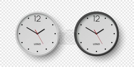 Vector 3d Round Wall Office Clock mit weißem, schwarzem Zifferblatt Set Nahaufnahme isoliert. Uhren, Design-Vorlage, Mock-up für Branding, Werbung. Vector einfache minimalistische Uhren, Uhren in Frontansicht