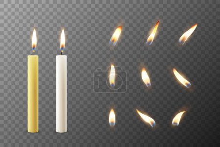 Vector 3D Realistic Paraffin Wax Burning Party Spa Candle und Burning Flame Set Closeup Isoliert. Kerze, Kerzenflamme Design-Vorlage für Entspannung, Wellness und Feier-Konzept, Frontansicht.