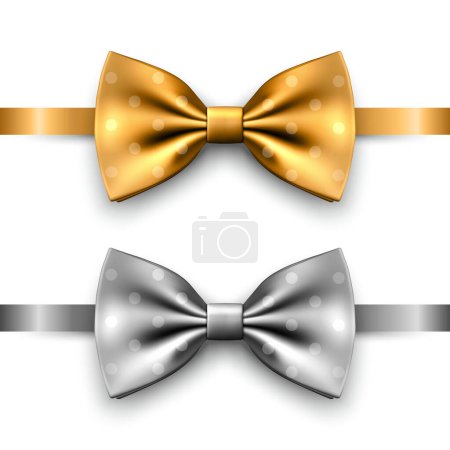 Illustration for Vector 3D Realistic Golden, Silver Bow Tie Icon Set Closeup Isolated. Silk Glossy Bowtie, Tie Gentleman. Mockup, Design Template of Stylish Bow Tie for Men. Fashion, Fathers Day Holiday Concept. - Royalty Free Image