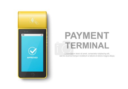Téléchargez les illustrations : Machine de paiement NFC jaune réaliste vectorielle 3d avec statut approuvé. Modèle de conception pour le terminal sans contact de paiement bancaire. Maquette d'un terminal POS de paiement. Vue du dessus. - en licence libre de droit