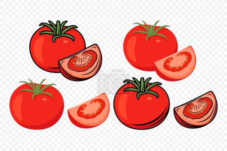 Illustration for Flat Vector Fresh Tomato Icon Set Isolated. Whole and Quartered Tomatoes Design Templates for Recipes, Menus, Culinary. Organic Tomato Clipart, Logo, Front View. - Royalty Free Image
