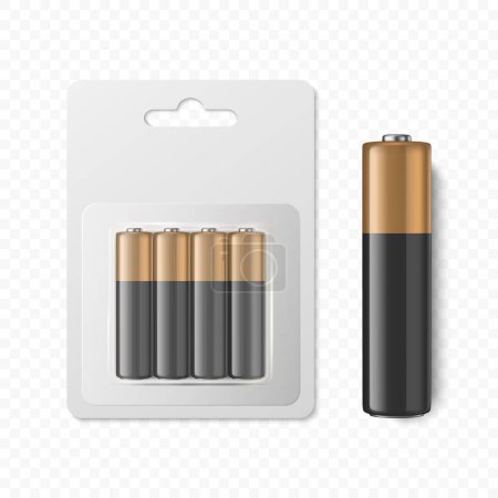 Vector 3D Realistic Alkaline Battery Set in Paper Blister Closeup Isolated. AA Size. Design Template for Branding and Mockup. Energy and Technology Concept.