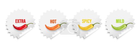 Realistic Vector Round Stickers with Spicy Chili Pepper Levels. Red, Orange, Yellow, Green Jalapeno Pepper Strength Scale Sticker Indicators with Mild, Spicy, Hot and Extra Positions.
