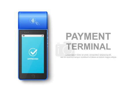Téléchargez les illustrations : Machine de paiement réaliste bleue vectorielle 3d NFC avec statut approuvé. Modèle de conception pour le terminal sans contact de paiement bancaire. Maquette d'un terminal POS de paiement. Vue du dessus. - en licence libre de droit