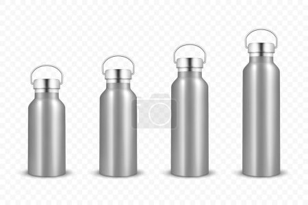 Vector Realistic 3D Silber Farbe, Stahl oder Chrom Metall Blank glänzend wiederverwendbare Wasserflasche Set mit Silber Bung Nahaufnahme isoliert auf weißem Hintergrund. Design-Vorlage für Verpackungs-Mockup. Frontansicht.