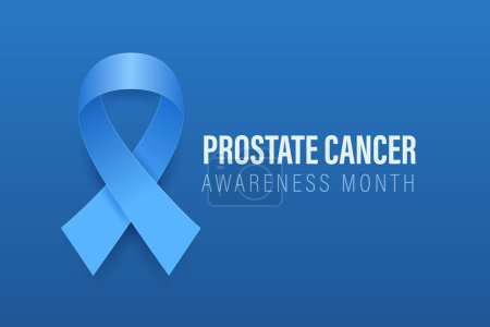 Prostate Cancer Banner, Card, Placard with Vector 3d Realistic Blue Ribbon on Blue Background. Prostate Cancer Awareness Month Symbol Closeup, September. World Prostate Cancer Day Concept.