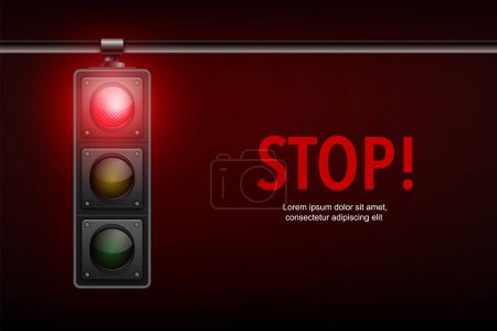 Vector Realistic Banner with Hanging Traffic Light with Glowing Red Prohibiting Signal Isolated on Black Background.