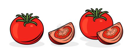Illustration for Flat Vector Fresh Tomato Icon Set Isolated. Whole and Quartered Tomatoes Design Templates for Recipes, Menus, Culinary. Organic Tomato Clipart, Logo, Front View. - Royalty Free Image