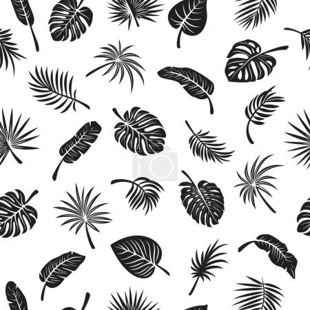 Vector Seamless Pattern with Tropical Leaf Silhouettes. Flat Vector Black and White Cutout Style Monstera, Ficus, Banana Leaf, Dracaena, Sabal Palm Leaves, Isolated.