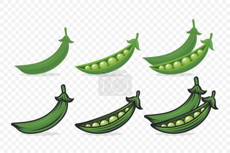 Illustration for Vector Fresh Green Pea Pod Set Isolated. Green Peas Design, Cartoon Style Peas Collection for Culinary, Cooking, Healthy Food Concepts. Green Pea Design Template, Clipart for Packaging, Recipes, Menus - Royalty Free Image
