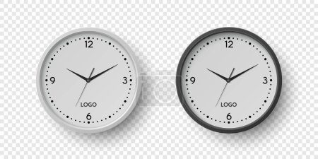 Vector 3d Realistic Round Wall Office Clock Set. White and Black Dial Closeup Isolated. Design Template, Mock-up for Branding, Advertise. Simple Minimalistic Wall Clocks in Front View.
